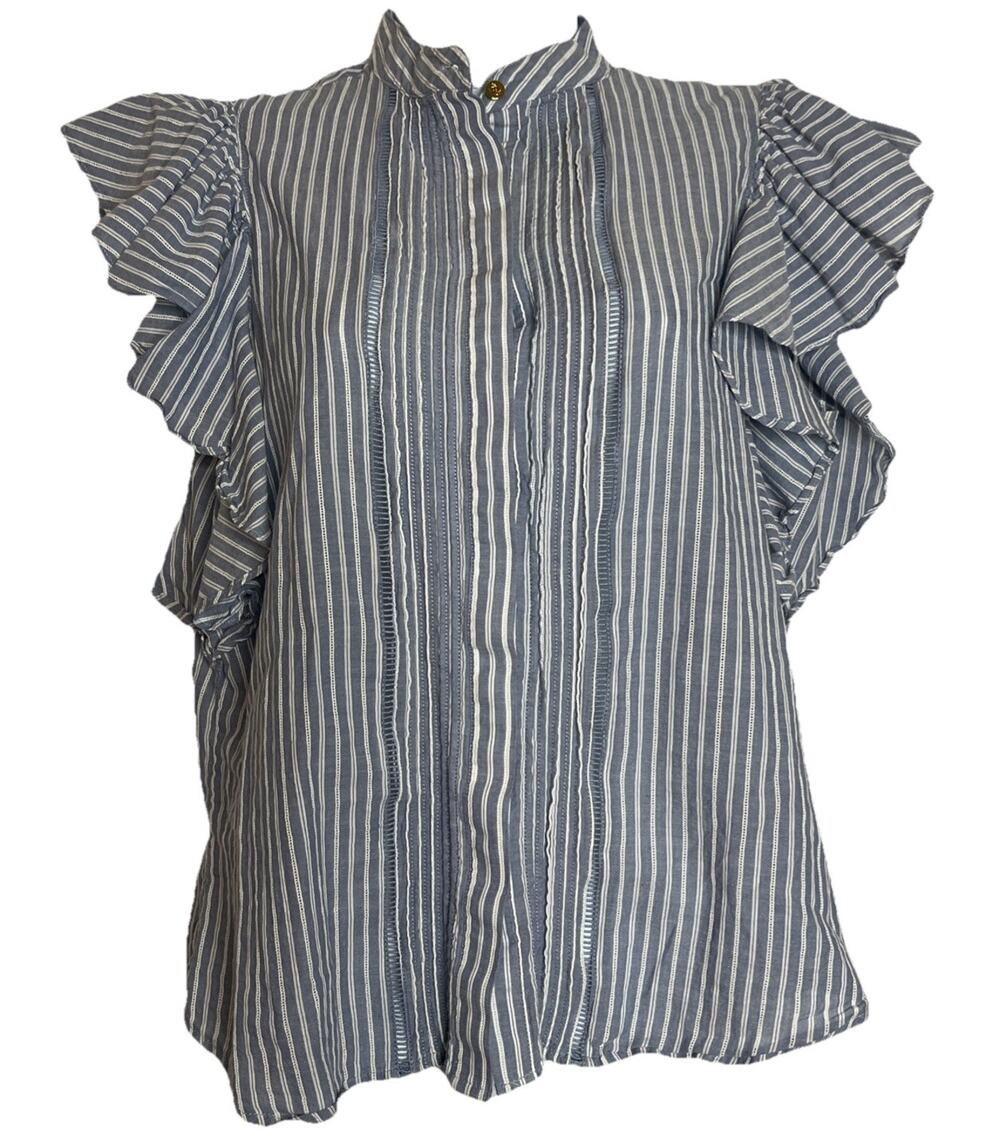 Lauren Ralph Lauren M Blue Short Ruffled Sleeve Button Front Cotton Shirt